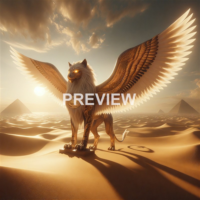 A mythical creature with the body of a lion, the head of a lion, and large, detailed bird wings, standing on a desert landscape with pyramids in the background under a dramatic sky.
